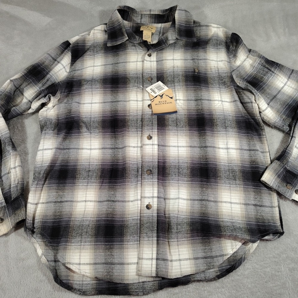 Blue Mountain Flannel Shirt Men L Gray‎ Plaid Outdoor Farmer Hiking Camping Soft